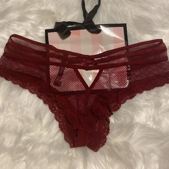 VS NWT Victoria’s Secret cheeky burgundy fishnet mesh bow panties size XL S - Picture 4 of 6